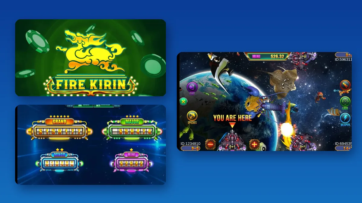 Fire Kirin title screen, the Grand, Major, Minor and Mini jackpot board and a space fish table, shown for a guide on how to become a Fire Kirin agent
