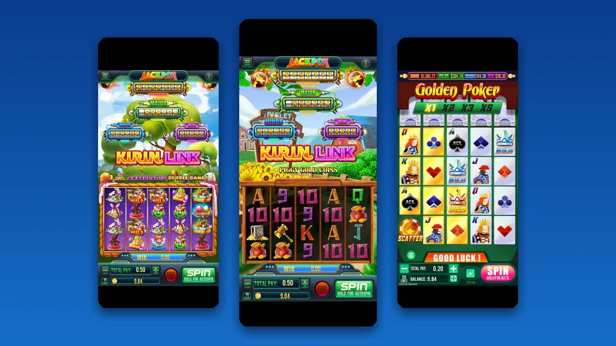 Three Fire Kirin slot screens, Kirin Link and Golden Poker, shown side by side for a guide to checking a Fire Kirin new version