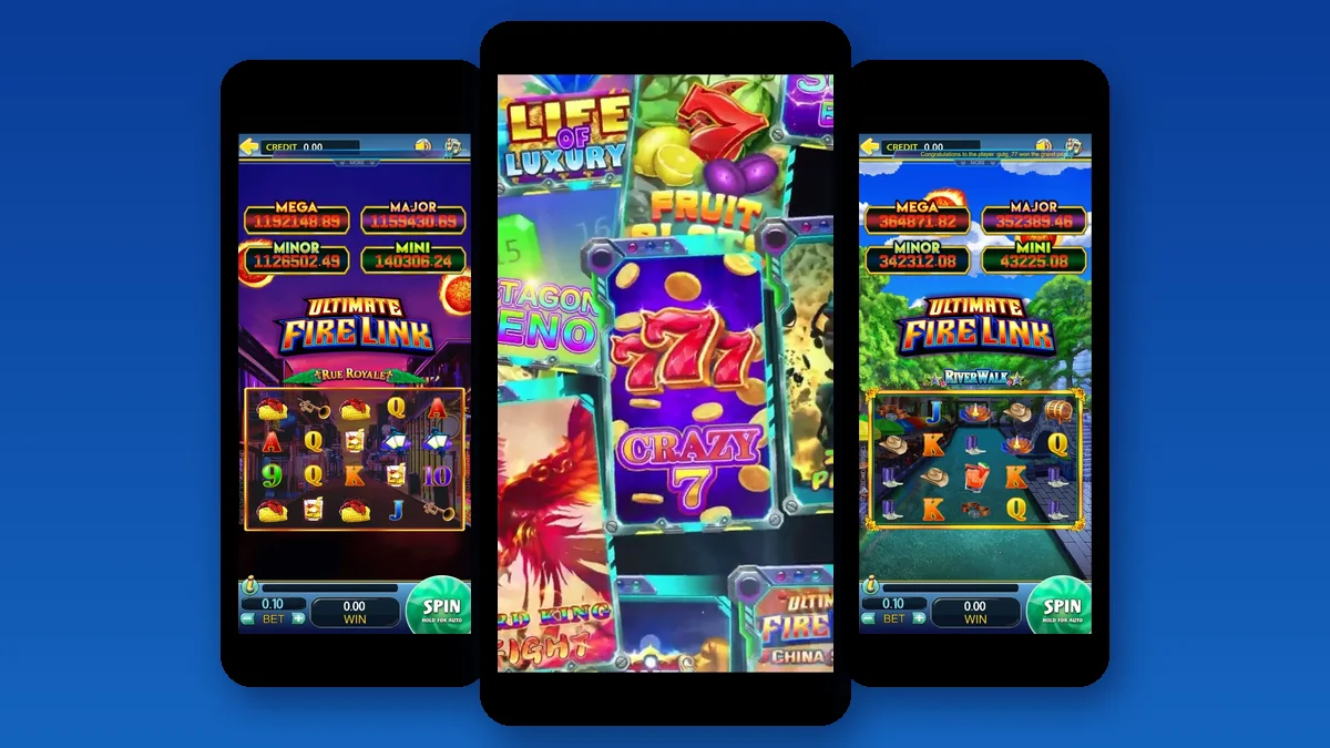 Three Game Vault phone screens, two Ultimate Fire Link slots with Mega and Major jackpot bars and the Crazy 7 lobby tile, shown for an agent guide to a Game Vault new version