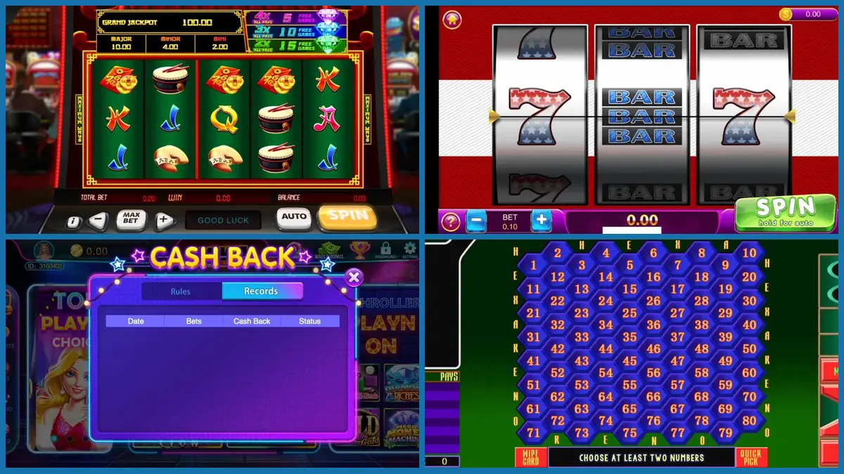 Four Juwa player app screens, two slots, the cash back window and keno, shown together for an agent guide to checking a Juwa new version