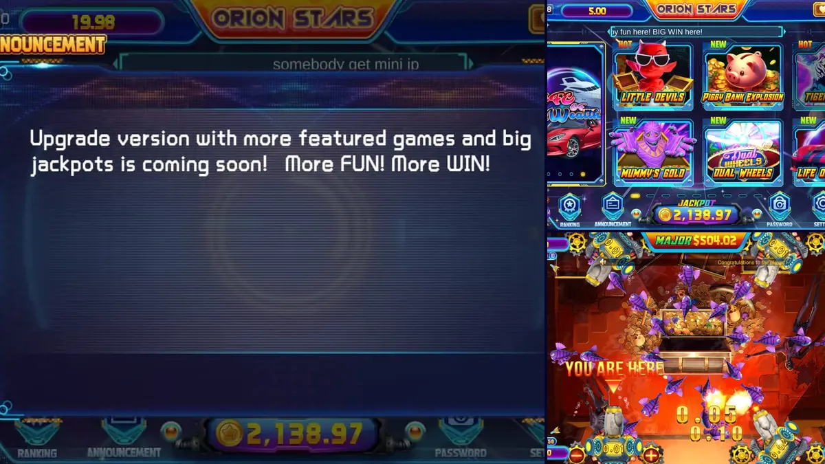 Orion Stars in-app announcement saying an upgrade version with more featured games is coming soon, beside the Orion Stars lobby and a fish table, for an agent guide to the Orion Stars new version