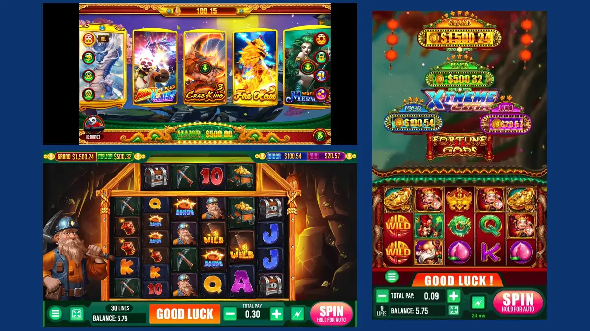 Panda Master lobby with Crab King 3 and Fire Kirin tiles, a gold mine slot and the Xtreme Fortune Gods phone slot, shown for an agent guide to a Panda Master new version