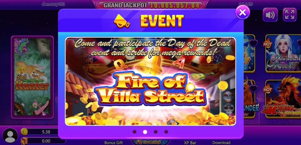 Dragon Fury player lobby with an event banner, grand jackpot counter and Bonus Gift button, the screen customers see after they join a Dragon Fury agent