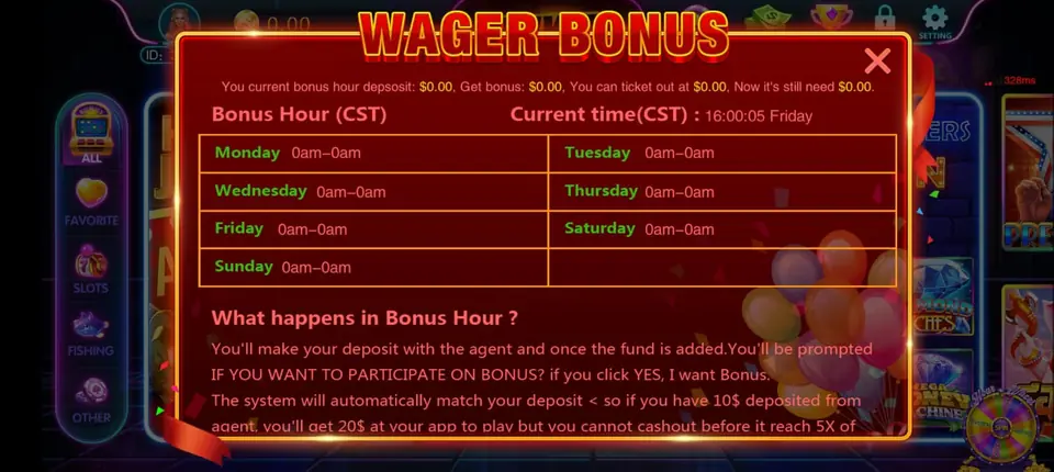 Wager Bonus screen inside the Juwa player app, a feature agents should explain to players