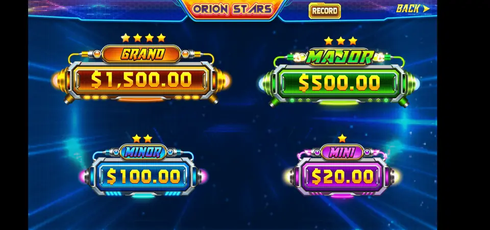 Orion Stars jackpot board with Grand, Major, Minor and Mini bars, a game players reach after an agent buys Orion Stars points