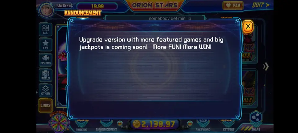 Orion Stars player lobby with the balance bar at the bottom, the number that rises after an agent recharges from the backend