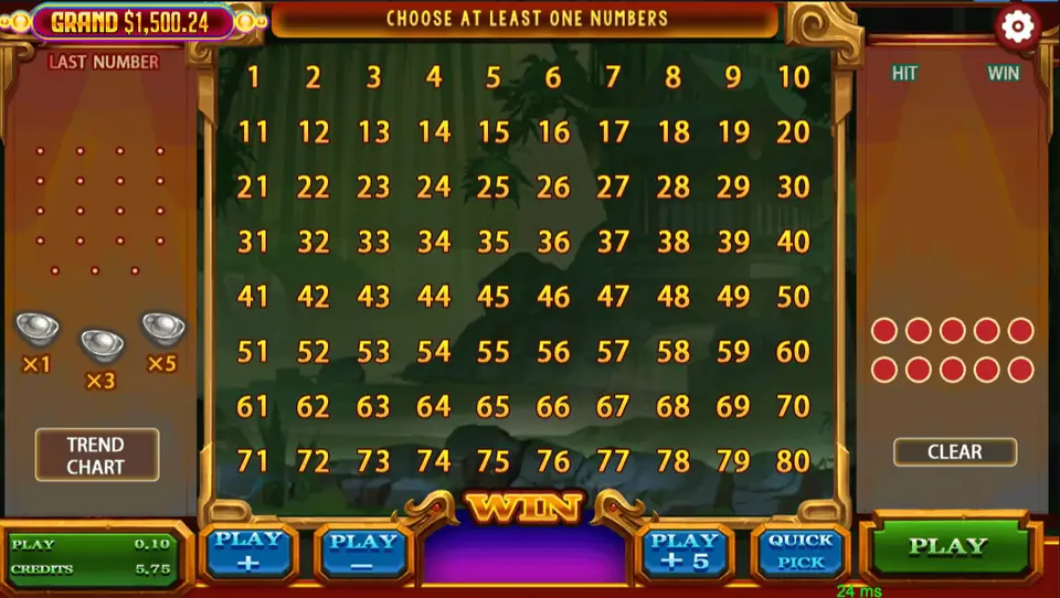 Panda Master keno board with the credits counter in the corner, one of the games players fund with points their agent bought