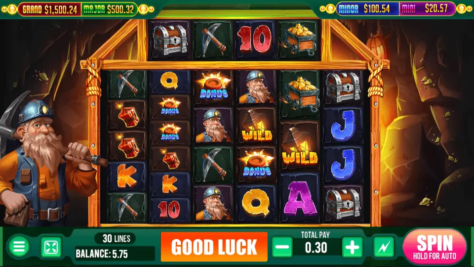 Panda Master VIP gold mine slot with a miner character, one of the games players open in the Panda Master VIP lobby