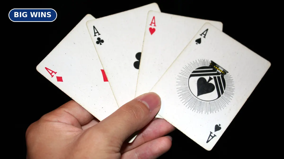 A hand holding the four aces from a deck of playing cards against a black background