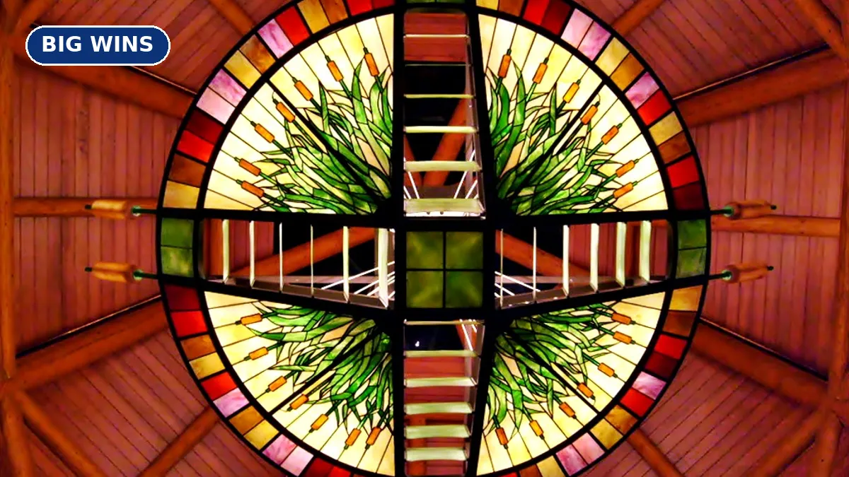 A round stained glass skylight with green reeds under a wooden ceiling at the Four Winds New Buffalo entrance