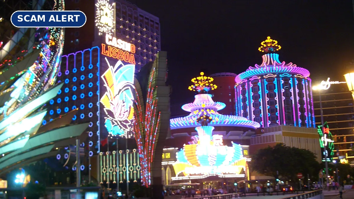 Neon-lit casino buildings in Macau at night