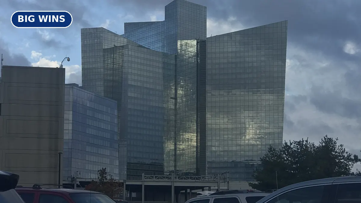 The Sky Tower hotel at Mohegan Sun in Connecticut against a blue sky