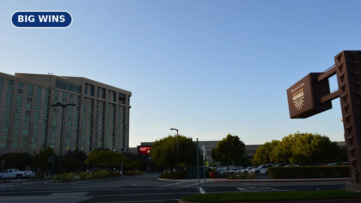 Pechanga Resort and Casino buildings in Temecula, California, with palm trees in front