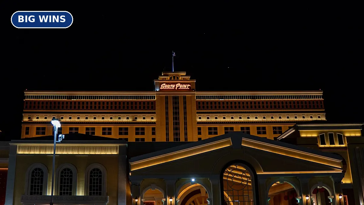 The South Point Hotel Casino tower and entrance in Las Vegas lit up at night